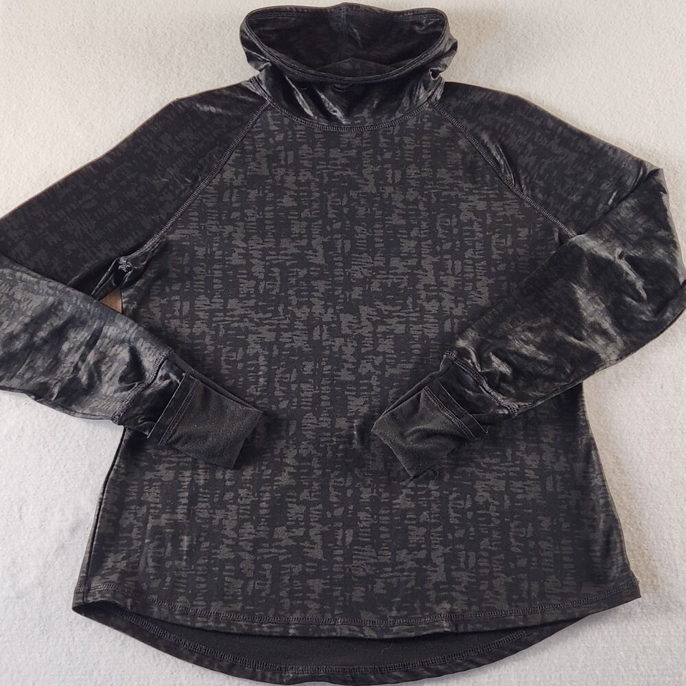 Exertek Women Black Abstract Cowl Neck Pullover Top Thumbholes Size L